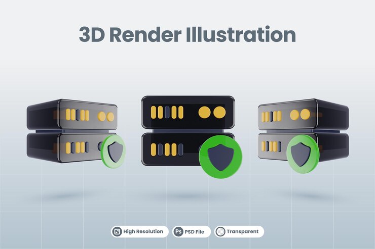 PSD ilustración de base de datos de servidor 3d con icono de protección de escudo 3d aislado