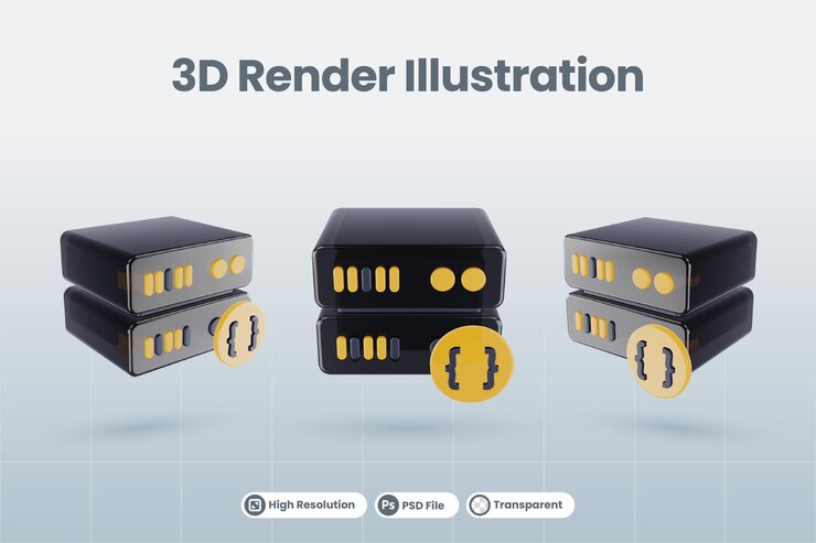 PSD ilustración de la base de datos del servidor 3d con el icono del símbolo de corchetes 3d renderizado aislado