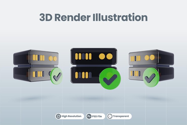 PSD ilustración de la base de datos del servidor 3d con el icono de verificación de la lista de verificación verificada aprobada en 3d renderizado aislado