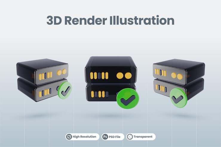 PSD ilustración de la base de datos del servidor 3d con el icono de verificación de la lista de verificación verificada aprobada en 3d renderizado aislado