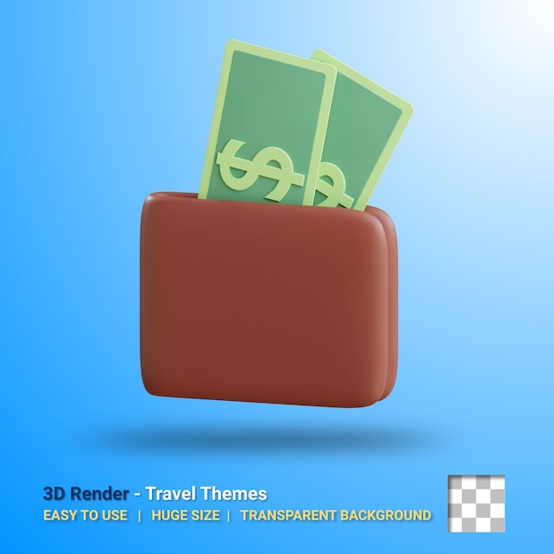 Ilustración de billetera y dinero en 3d con fondo transparente