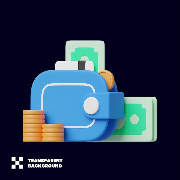 Ilustración de billetera con dinero y monedas en representación 3D