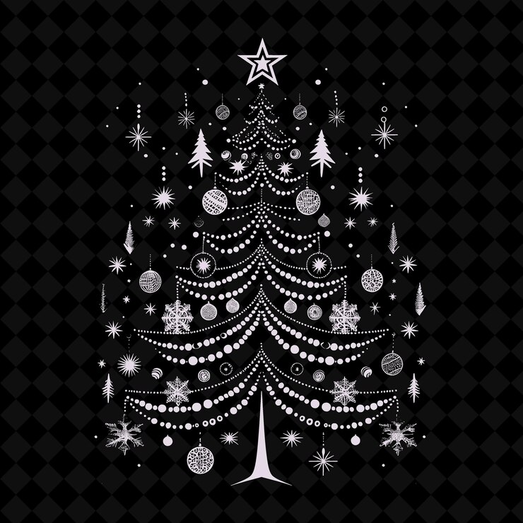 PSD una ilustración en blanco y negro de un árbol de navidad con copos de nieve y estrellas en él
