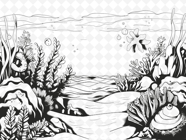 PSD una ilustración en blanco y negro de una escena de playa con el sol y las algas