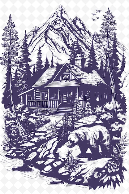 PSD una ilustración en blanco y negro de un oso en un bosque