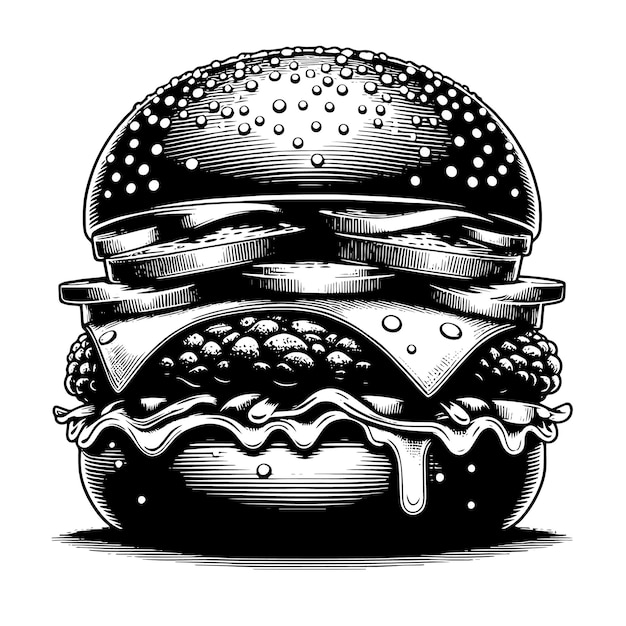 PSD ilustración en blanco y negro de una sabrosa hamburguesa de queso a la parrilla