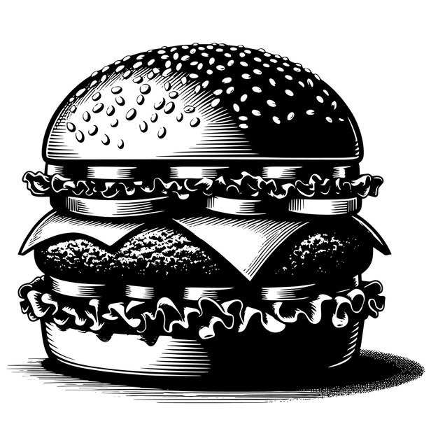 PSD ilustración en blanco y negro de una sabrosa hamburguesa de queso a la parrilla