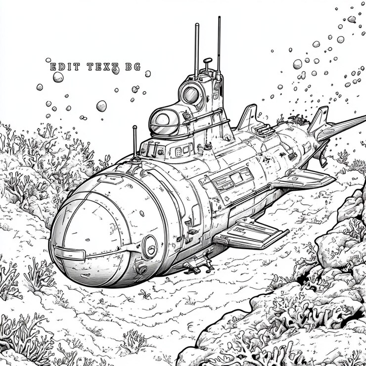 PSD ilustración en blanco y negro de un submarino descansando en el fondo del océano entre corales
