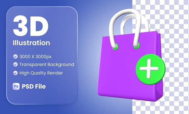 PSD ilustración de bolsa de compras 3d con icono agregar