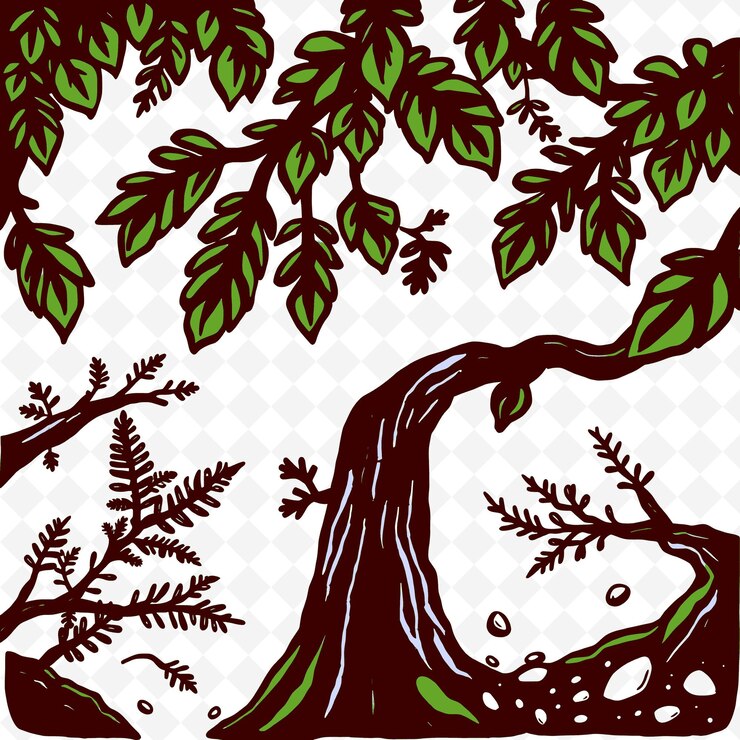 PSD ilustración bosques helechos del dosel ramas caídas piedras pequeñas hojas coloreo creativo naturaleza setc