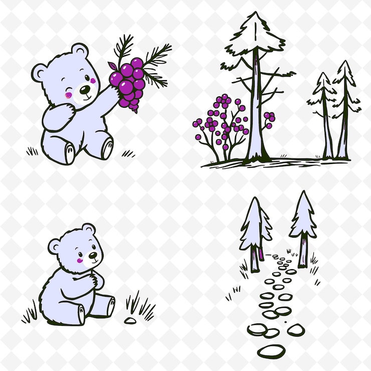 PSD ilustración cabra de oso cono de pino arbusto de bayas sendero de guijarros cabaña de oso pla coloreo creativo naturaleza sety