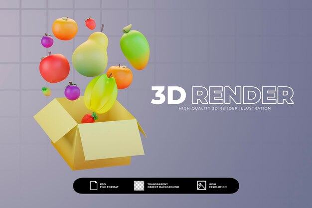 Ilustración de caja y frutas de render 3d