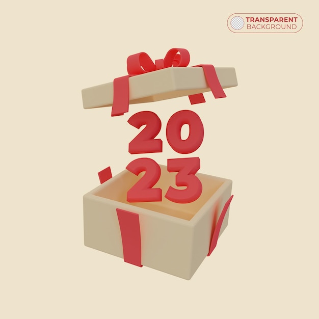 Ilustración de caja de regalo de año nuevo 2023 con cinta roja en render 3d