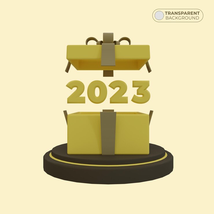 PSD ilustración de caja de regalo de año nuevo 2023 en el podio en color dorado 3d render