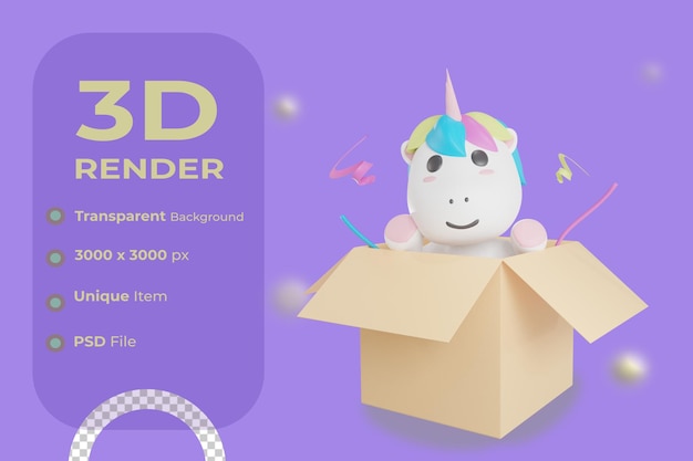 PSD ilustración de caja sorpresa de unicornio con fondo transparente 3d render