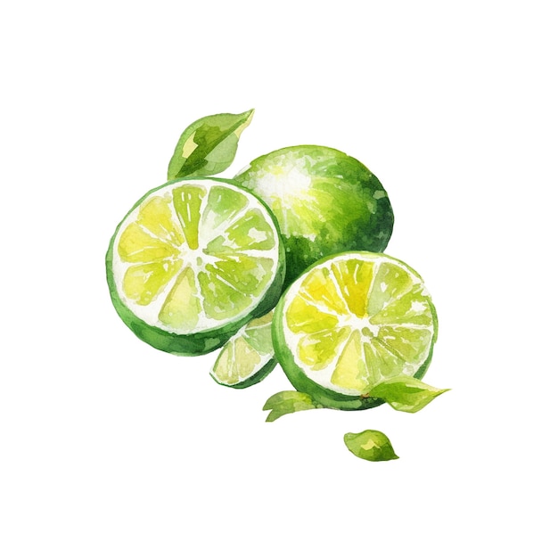 Ilustración de cal de acuarela Elemento de diseño de alimentos frescos dibujado a mano aislado en un fondo blanco