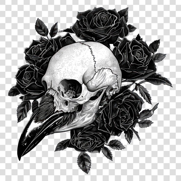 PSD ilustración de la calavera con rosas de png