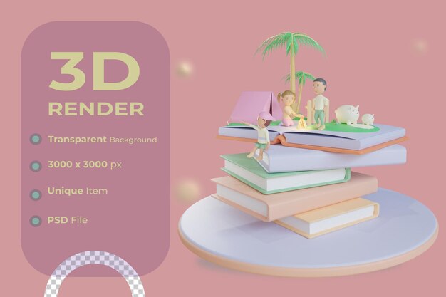 Ilustración de camping de libro infantil 3d con fondo transparente