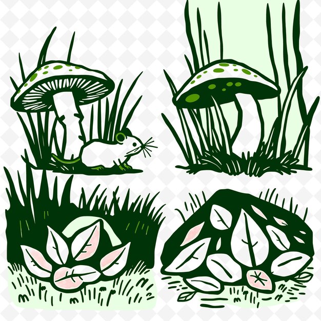Ilustración Campo Vole setas de setos de setas de hojas de hierba A Fi Coloración creativa Naturaleza Sete