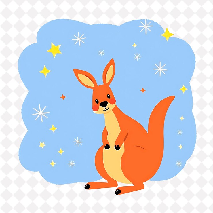 PSD ilustración canguro risueando con patrones de estallido de estrellas colocados al azar vivo rojo y amarillo lindo c