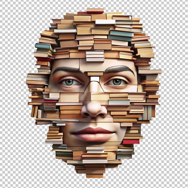 PSD ilustración de la cara hecha de muchos libros abstracto
