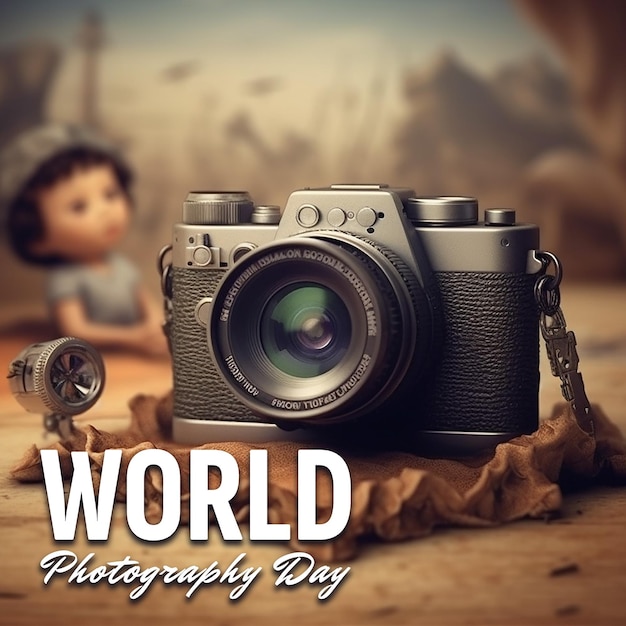 PSD ilustración de cartel del día mundial de la fotografía con fondo de cámara realista