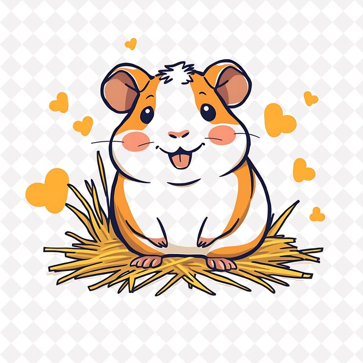 PSD ilustración cerdo de guinea feliz con formas de heno extendidas por todo el diseño de colores cálidos y terrosos obje