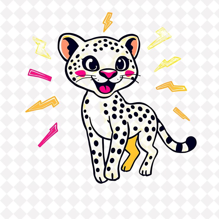 PSD ilustración cheetah enérgico con formas de relámpago esparcidas alrededor de un collar de neón eléctrico