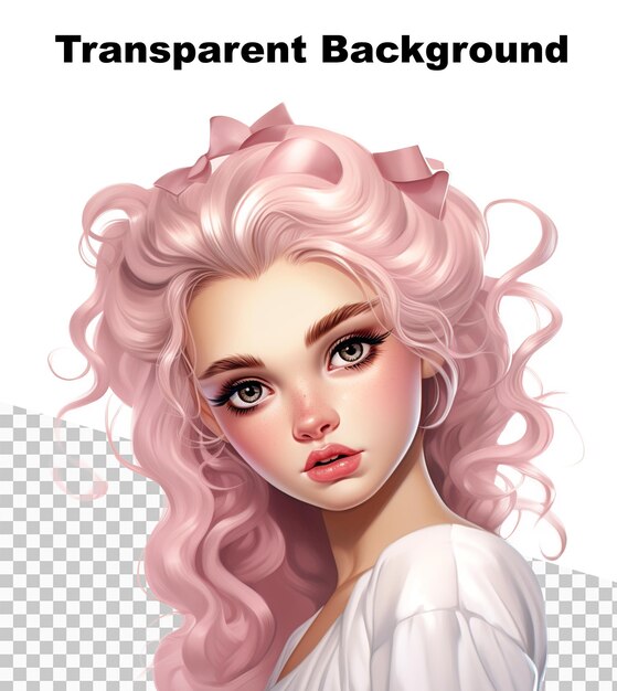 Una ilustración de una chica de cabello rosa de estilo barbie en un fondo transparente