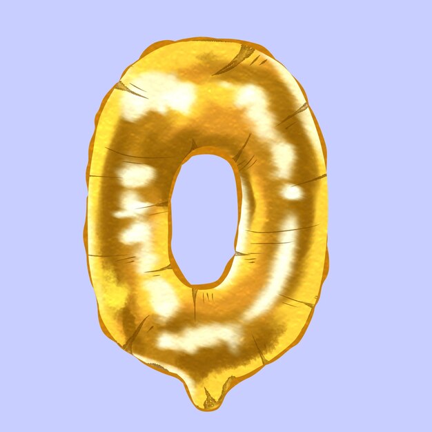 Ilustración de clippart de acuarela de globo dorado con la forma del número cero