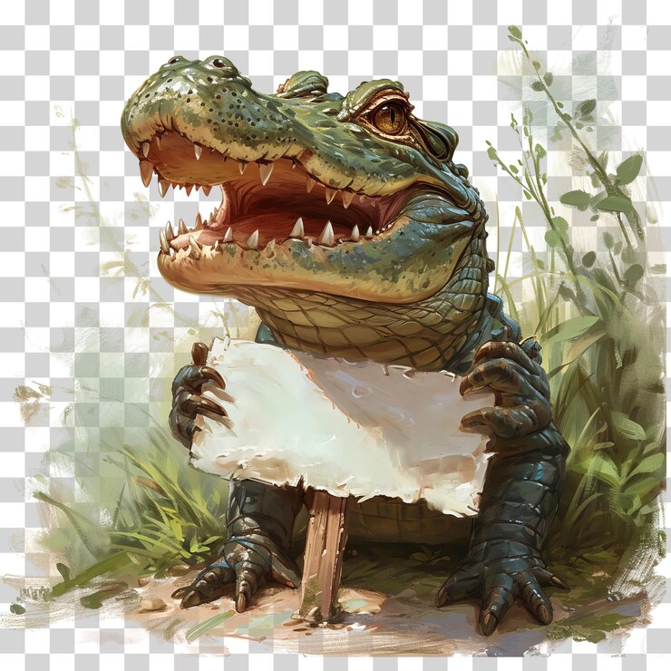 PSD ilustración de cocodrilo sosteniendo una placa de identificación en blanco aislada sobre fondo transparente png
