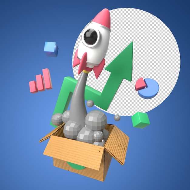 PSD ilustración de cohete 3d con icono financiero