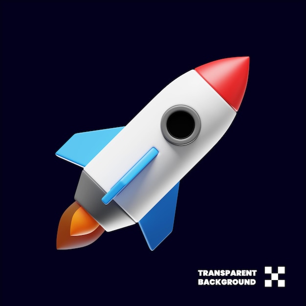 Ilustración de cohete en renderizado 3D minimalista
