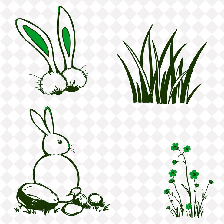 PSD ilustración de las colas de conejo de las hojas de hierba de las piedras de las flores diminutas de los conejos de la cola de conejo que rebotan de la hoja de hierba