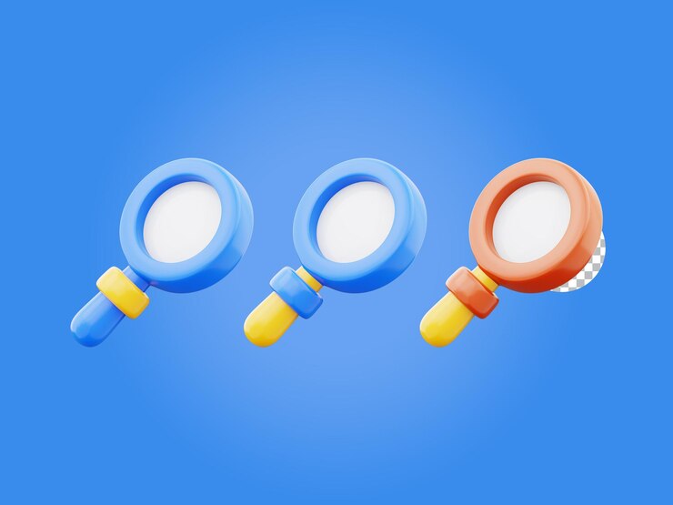 PSD ilustración de la colección de análisis de búsqueda de herramientas ópticas con icono de lupa 3d