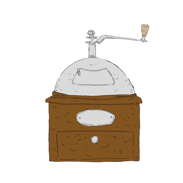 Ilustración en color de molinillo de café manual de madera y metal