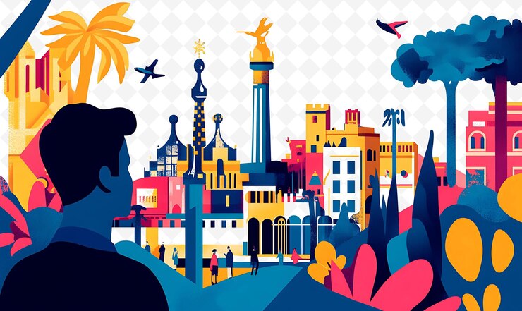 PSD una ilustración colorida de una ciudad con una imagen de una ciudad