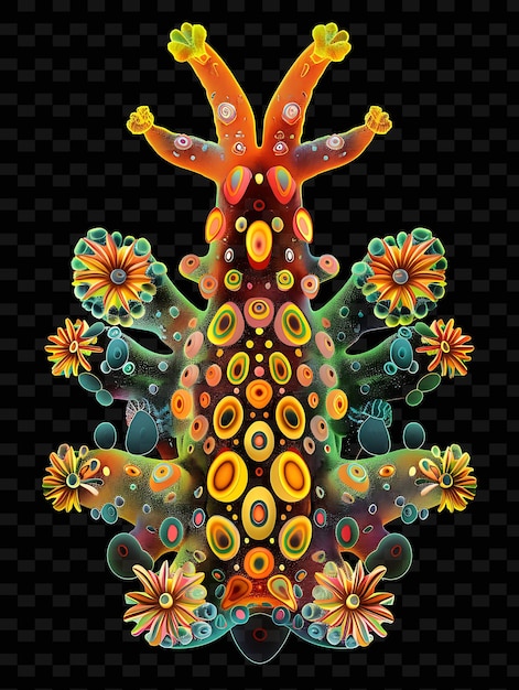 PSD una ilustración colorida de un lagarto con flores y una estrella de mar