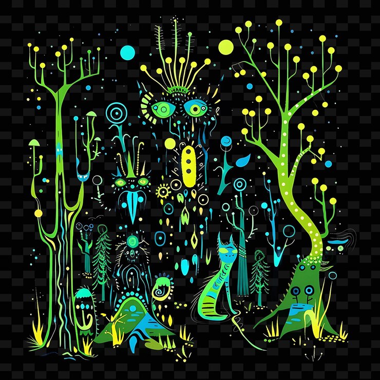 PSD una ilustración colorida de un monstruo con ojos amarillos y colores verde y amarillo