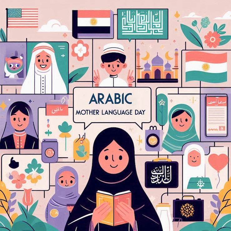 PSD una ilustración colorida de una mujer leyendo un libro con las palabras lengua en él
