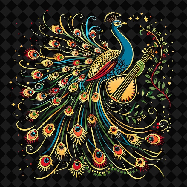 una ilustración colorida de un pavo real con flores y un pájaro en él