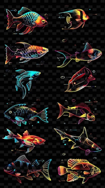 PSD una ilustración colorida de peces en un fondo negro