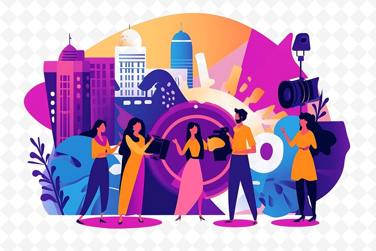 PSD una ilustración colorida de personas en una ciudad con la palabra "g" en ella