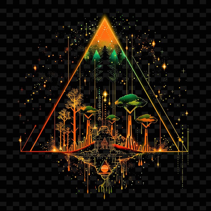 PSD una ilustración colorida de una pirámide con un bosque en ella