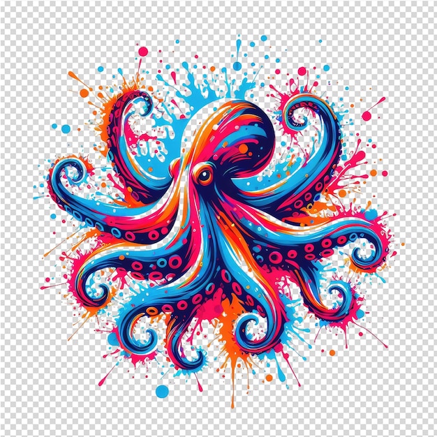 Ilustración colorida de un pulpo con salpicaduras y pulverizaciones coloridas