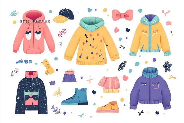 PSD ilustración colorida de ropa y accesorios de otoño e invierno para niños
