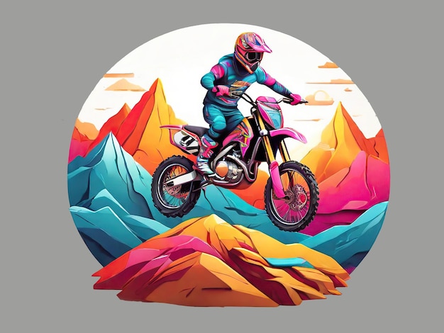 PSD ilustración de coloridos motocross saltando en las montañas