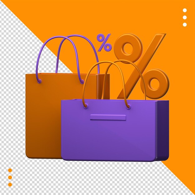 Ilustración de comercio electrónico 3d de descuento de bolsa de compras