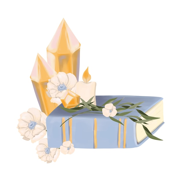 Ilustración Composición con libro Cristales de oro Vela con fuego Ramas de hojas largas Anémona