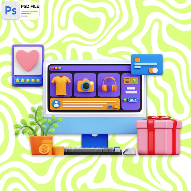 PSD ilustración de compras en línea en 3d render icon aislado png